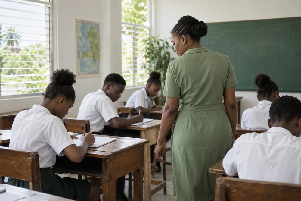 Une enseignante accompagne ses élèves pendant un travail en classe.
